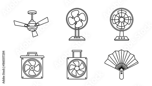 Diverse assortment of electric fans including ceiling, pedestal, table, portable, and folding handheld models.