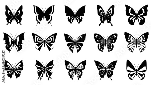 Grid of Black and White Butterfly Silhouettes Forming a Monochrome Pattern.