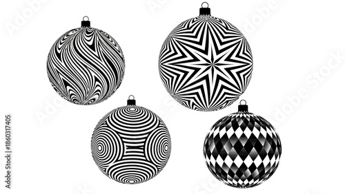 Monochrome geometric ornament balls with bold black and white patterns for festive decor.