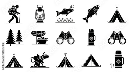 Black and white camping and outdoor travel icons featuring tents bicycles trees and gear.