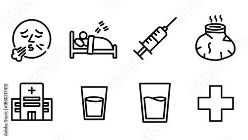 Illustrated sequence depicting healthcare concepts such as hospital care, medical procedures, and associated costs.