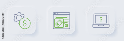 Set line Laptop with dollar, Online shopping on screen and Gear symbol icon. Vector