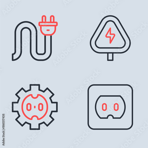 Set line High voltage, Electrical outlet, and plug icon. Vector