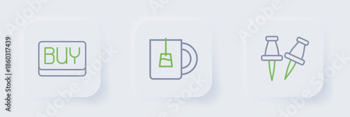 Set line Push pin, Cup of tea and Buy button icon. Vector
