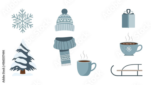 Winter themed icons including snowflake, hat, scarf, mug, sled, tree, and gifts in a cozy blue palette.