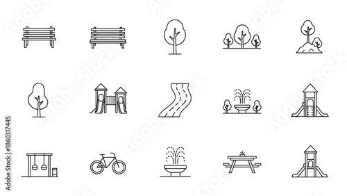 Collection of simple line icons depicting a park scene with benches, trees, pedestrians and bicycles.