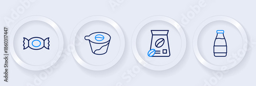 Set line Milk bottle, Bag of coffee beans, Pour over maker and Candy icon. Vector