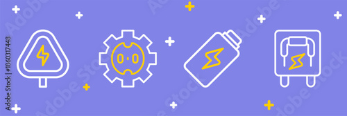 Set line Electrical panel, Battery charge, outlet and High voltage icon. Vector