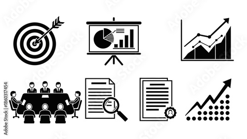 Teamwork and analytics in a business setting: meetings, growth charts, and planning documents.