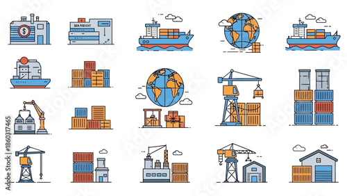 Global Shipping and Cargo Industry Icons Representing Ports, Vessels, and Logistics Infrastructure.