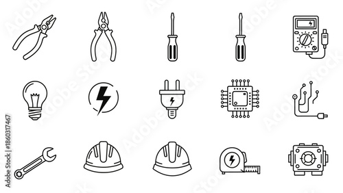 Collection of electrical tools and industrial equipment icons.