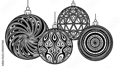 Festive glass Christmas ornaments hanging together as decorative holiday baubles in a monochrome sketch.