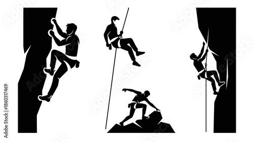Dynamic silhouettes of climbers scaling vertical rock walls in a sport setting, displaying height, focus, and teamwork.
