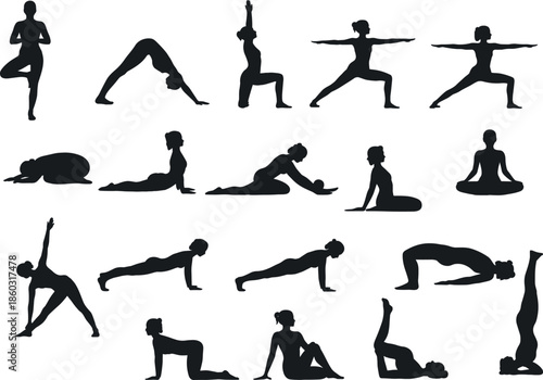 Collection of diverse yoga poses silhouette, monochrome design