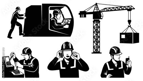 Group of construction workers collaborating on a building project with crane and loading truck.