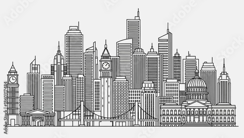 Monochrome city skyline featuring dense cluster of buildings, towers, and urban silhouettes along the horizon.