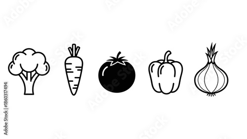 Line drawing of fresh vegetables including broccoli carrot tomato pepper onion and other produce items.