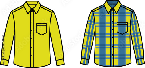 Men’s shirt comparison, plaid and solid styles, long-sleeve casual fashion, chest pocket detail, stylish collar design, flat vector garment illustration