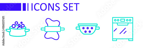 Set line Oven, Kitchen colander, Rolling pin on dough and Cooking pot icon. Vector