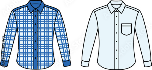 Men’s button-up shirt comparison, plaid and solid styles, long-sleeve casual fashion, stylish collar detail, pocket design, flat vector garment illustration