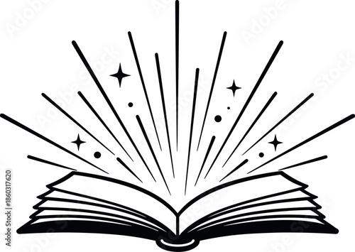 Open book with radiating light and stars, concept of knowledge and wisdom