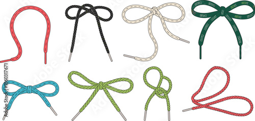 Shoelace tying steps, colorful lace stages, footwear knot technique, fashion accessory guide, untied shoelace illustration, vector lace tutorial, stylish knot design