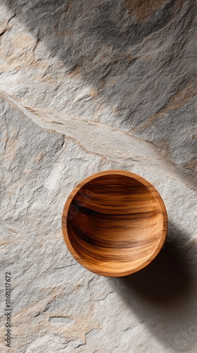 Walnut wooden bowl on textured stone surface, natural light, minimalist style, warm tones, kitchen decor inspiration