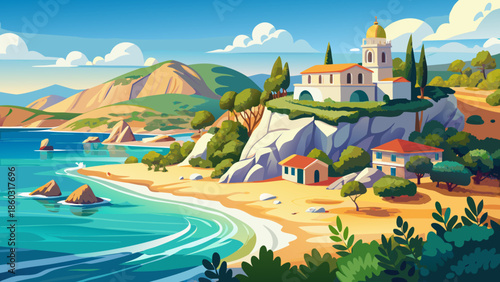 Very beautiful scenic view of Louma beach in Cyprus, featuring crystal-clear waters, rocky coastline, and a small seaside church in a serene Mediterranean setting.