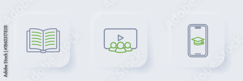 Set line Graduation cap on mobile, Online class and Open book icon. Vector