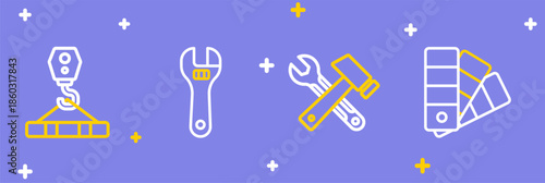 Set line Color palette guide, Window in room, Adjustable wrench and Crane hook icon. Vector