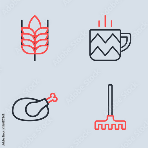 Set line Cup of tea, Roasted turkey or chicken, Garden rake and Wheat icon. Vector