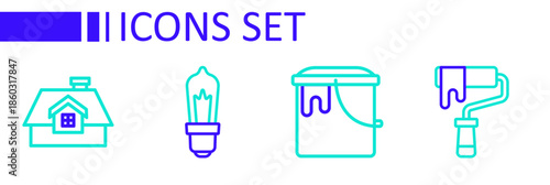 Set line Paint roller brush, bucket, Light bulb and House icon. Vector