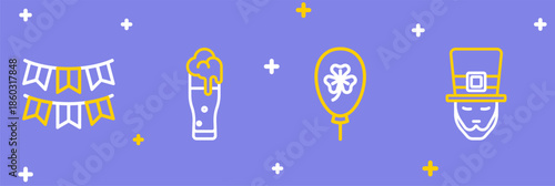 Set line Leprechaun, Balloon with clover trefoil leaf, Glass of beer and Carnival garland flags icon. Vector