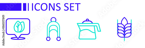 Set line Wheat, Teapot, Leaf and Location with leaf icon. Vector