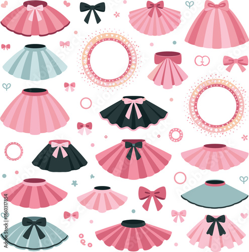Skirt and bow fashion set, feminine clothing elements, stylish outfit accessories, decorative vector icons, pastel wardrobe illustration, cute fashion design pack
