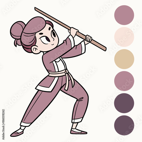 Child practicing martial arts with a staff