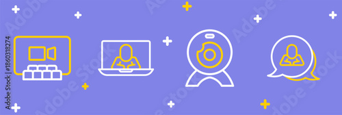 Set line Speech bubble chat, Web camera, Video conference and icon. Vector