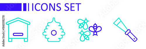 Set line Beekeeping knife, Bees, Hive for bees and icon. Vector