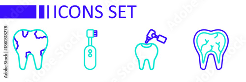 Set line Broken tooth, Tooth with caries and drill, Electric toothbrush and icon. Vector