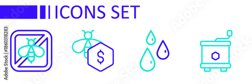 Set line Honey extractor, Drops of honey, Sale bees and Stop icon. Vector