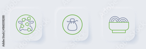 Set line Asian noodles in bowl, Wonton and Kung Pao chicken icon. Vector