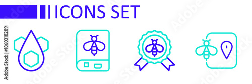 Set line Bee location, Best bee, Book about and Honeycomb icon. Vector