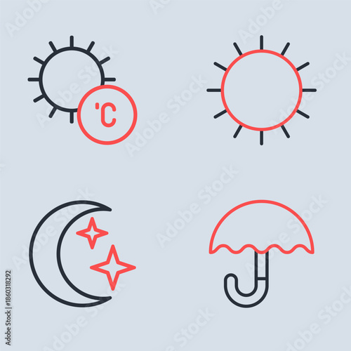Set line Sun, Moon and stars, Umbrella and icon. Vector