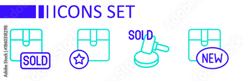 Set line New collection, Auction hammer, Carton cardboard box and Sold icon. Vector