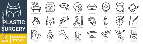 Plastic Surgery. laser, wrinkle, sil, form, hair, buttocks. web line icons.