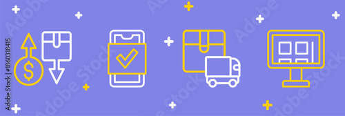 Set line Online shopping on screen, Delivery cargo truck, Mobile and Tax cardboard box icon. Vector