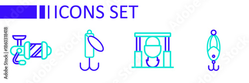 Set line Fishing lure, Campfire and pot, and Spinning reel for fishing icon. Vector