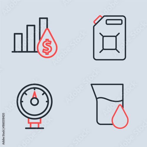 Set line Canister for gasoline, Motor gauge, Oil petrol test tube and Pie chart and dollar icon. Vector