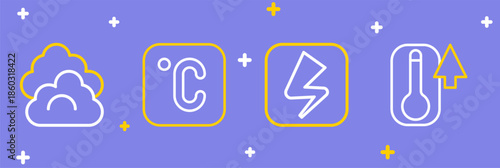 Set line Thermometer, Lightning bolt, Celsius and Cloud icon. Vector