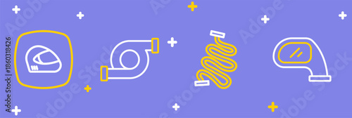 Set line Car mirror, Racing track, Automotive turbocharger and helmet icon. Vector